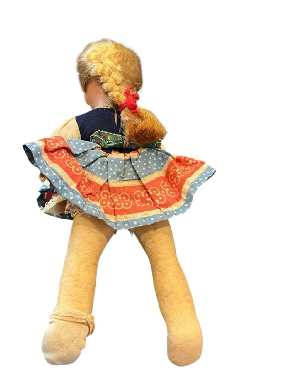 Antique 11” Composite Doll Blonde Braided Folk art Dress vintage